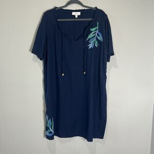 Susan Graver Dress Women’s 1X Blue Linen Blend Floral Tropical‎ Shell Resort